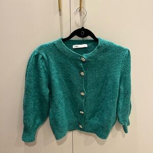 Green Zara elbow length sweater with bejeweled led buttons